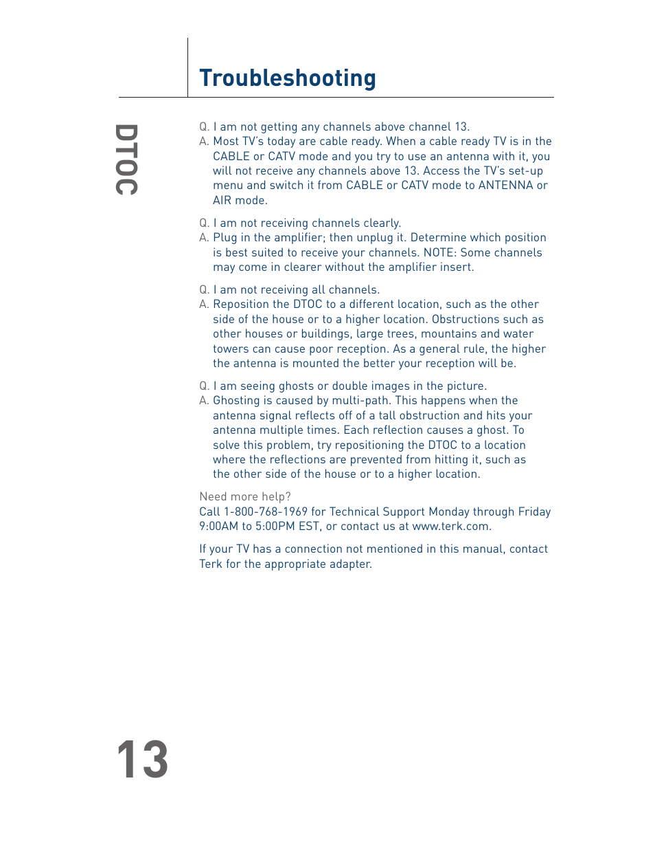 Dtoc, Troubleshooting | Terk DTOC User Manual User Manual | Page 14 / 16
