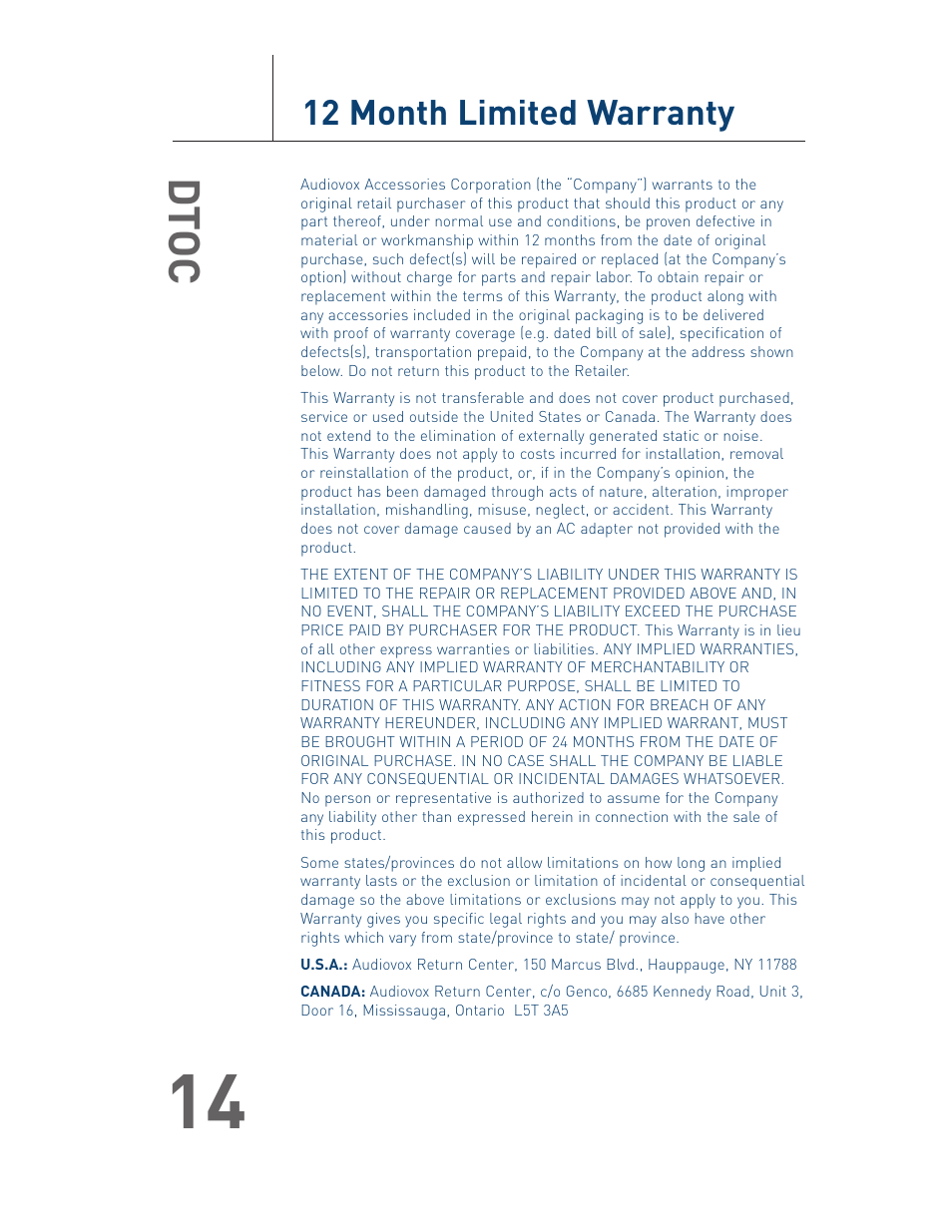 Dtoc, 12 month limited warranty | Terk DTOC User Manual User Manual | Page 15 / 16