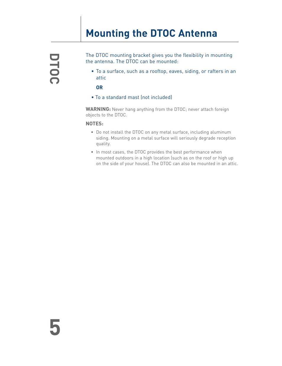 Dtoc, Mounting the dtoc antenna | Terk DTOC User Manual User Manual | Page 6 / 16