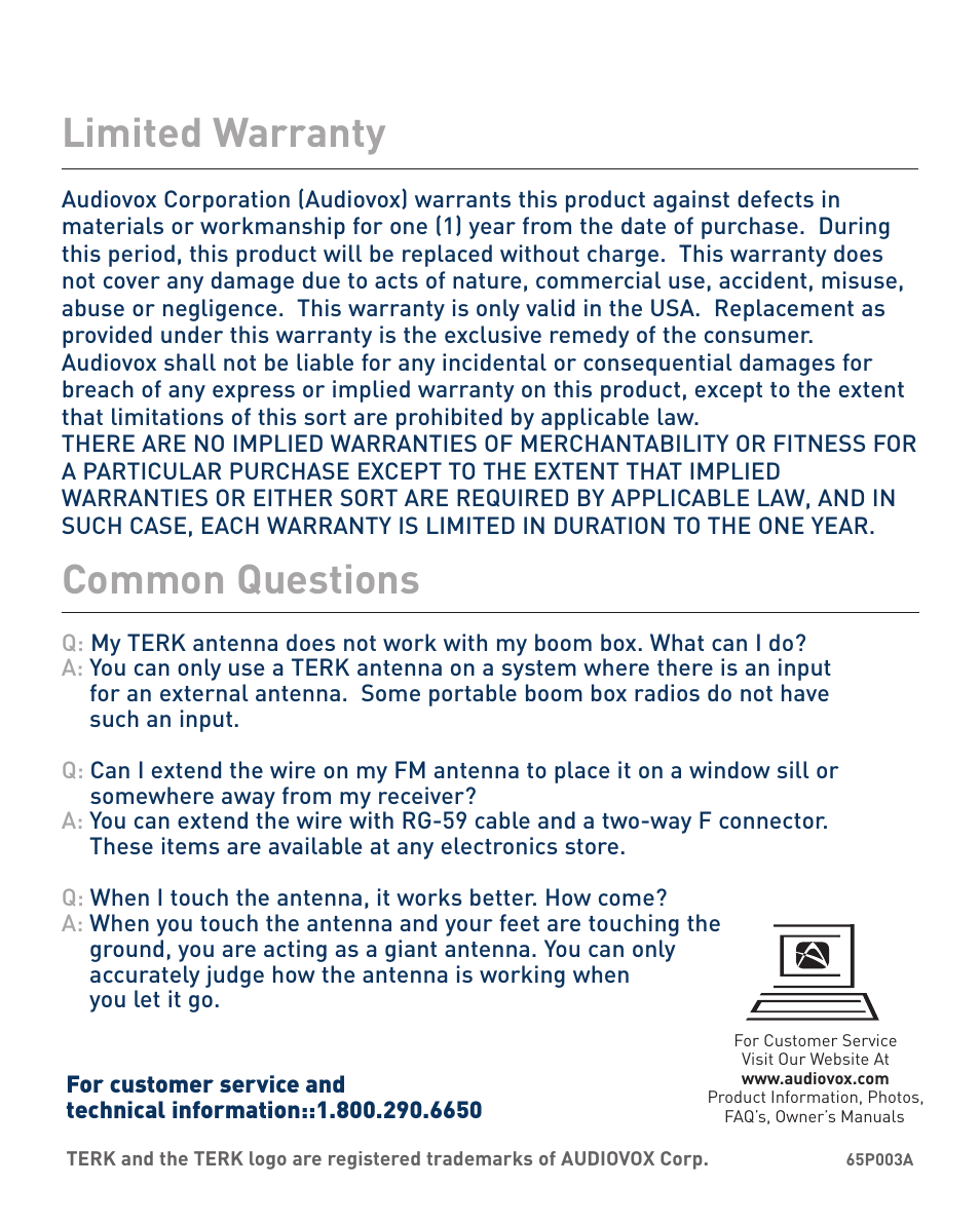 Limited warranty common questions | Terk PIB_OMЙ User Manual | Page 2 / 6