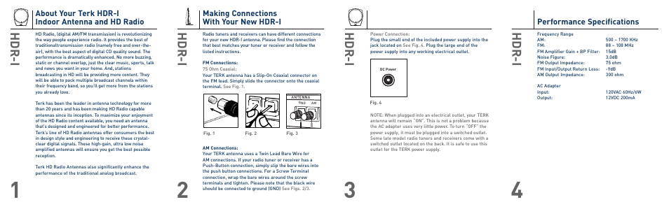Hdr-i, Performance specifications, Making connections with your new hdr-i | About your terk hdr-i indoor antenna and hd radio | Terk HDRI_OMЙ User Manual | Page 2 / 2
