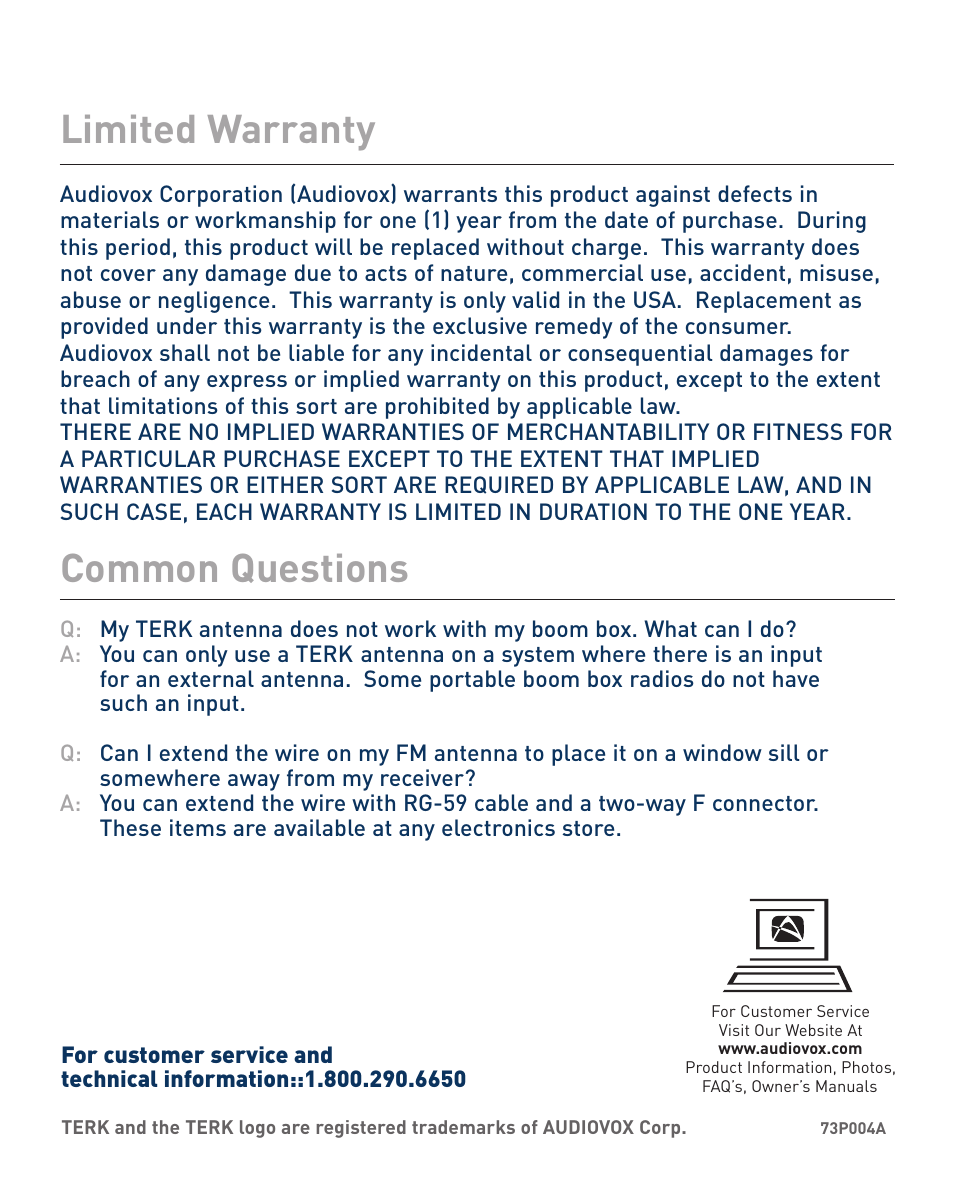 Limited warranty common questions | Terk EDGE_OMЙ User Manual | Page 2 / 6