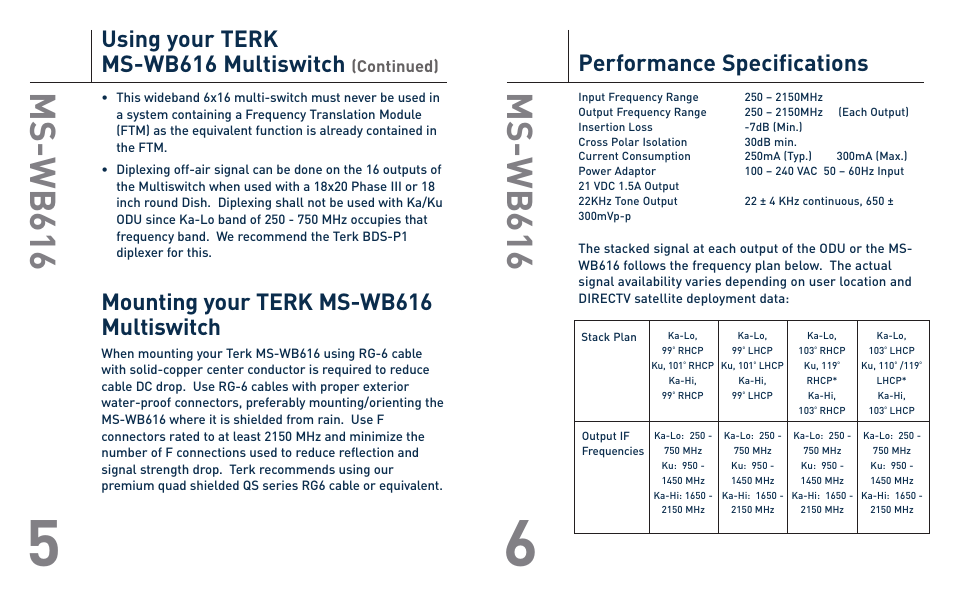Ms -w b 6 1 6, Performance specifications, Using your terk ms-wb616 multiswitch | Mounting your terk ms-wb616 multiswitch | Terk MSWB616_OMЙ User Manual | Page 4 / 4