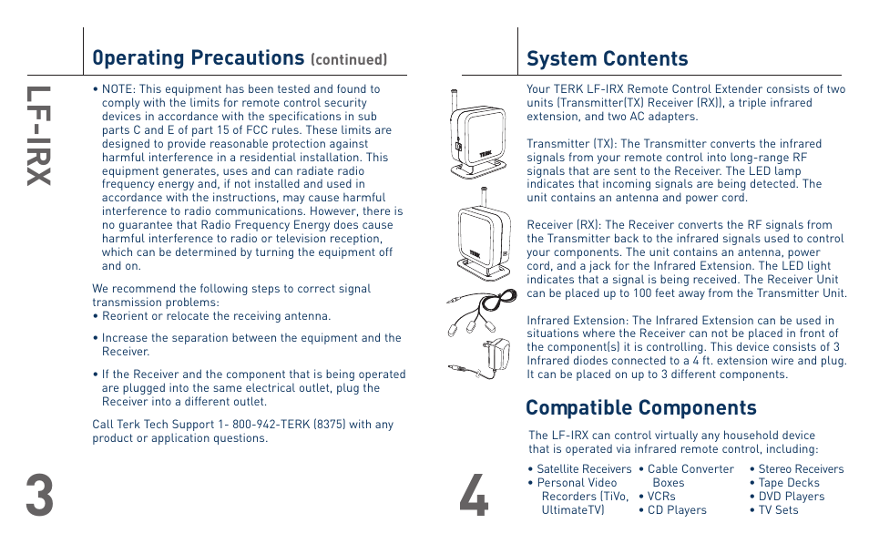 Lf-irx, 0perating precautions, System contents | Compatible components | Terk LFIRX_OMЙ User Manual | Page 3 / 6