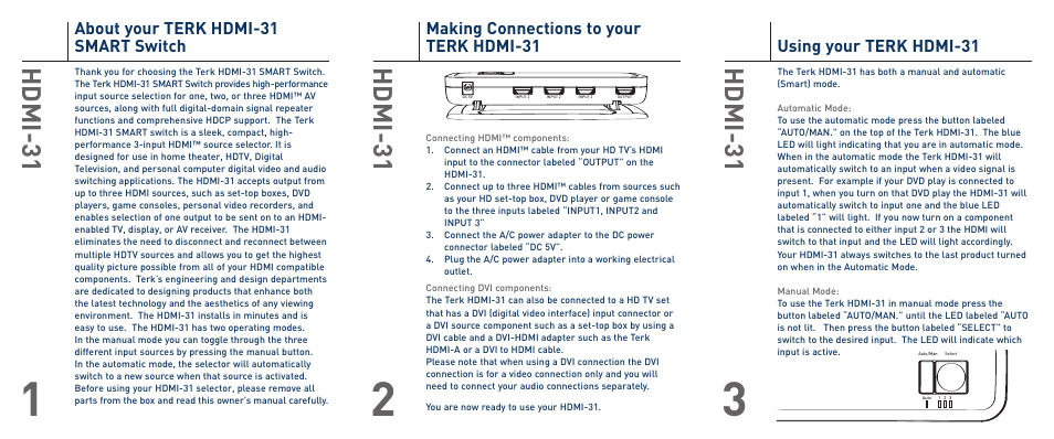 Hdmi-31, Using your terk hdmi-31, Making connections to your terk hdmi-31 | About your terk hdmi-31 smart switch | Terk HDMI31_OMЙ User Manual | Page 2 / 2