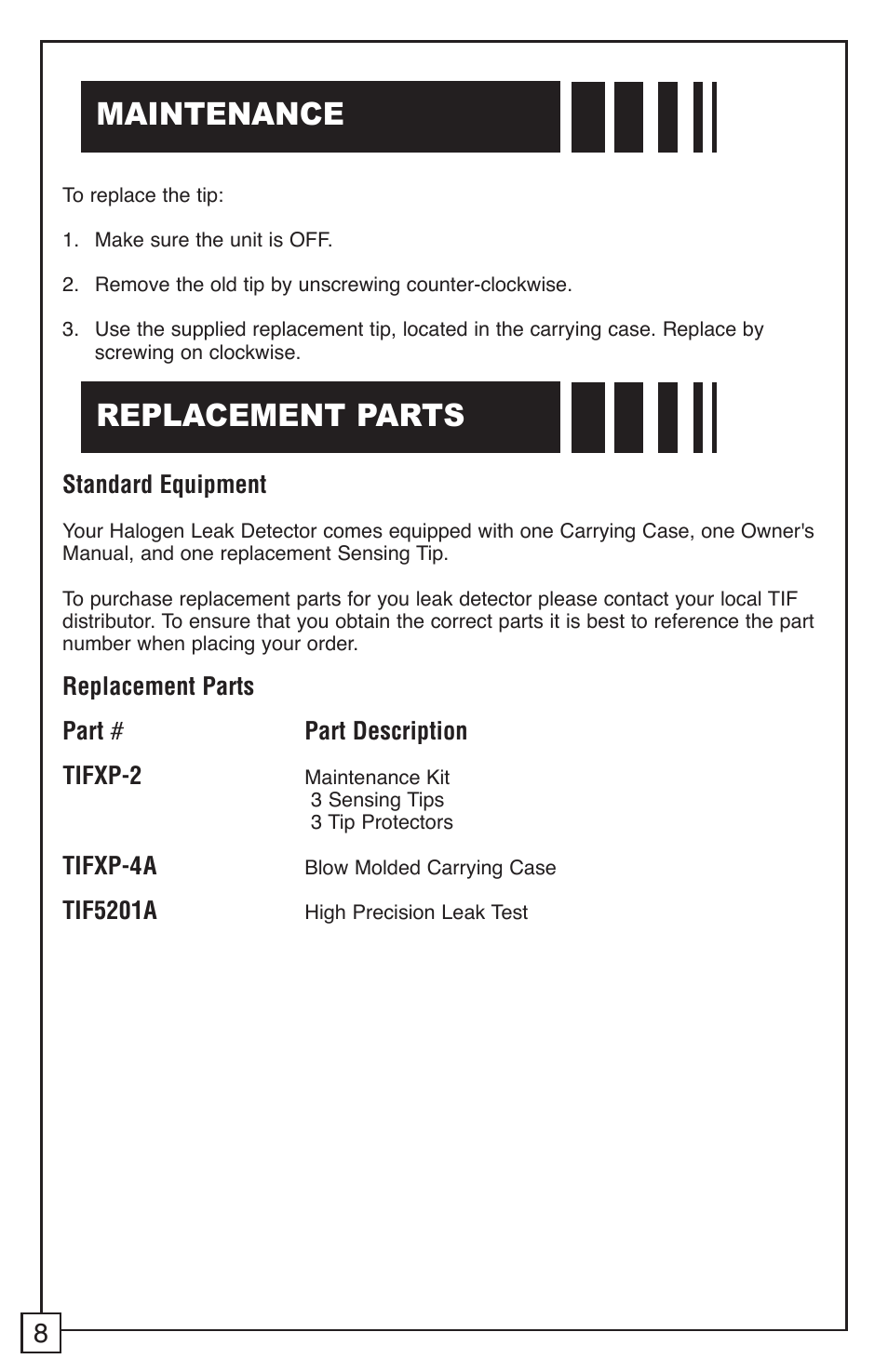 Maintenance replacement parts | TIF RX-1A Refrigerant Leak Detector User Manual | Page 10 / 32