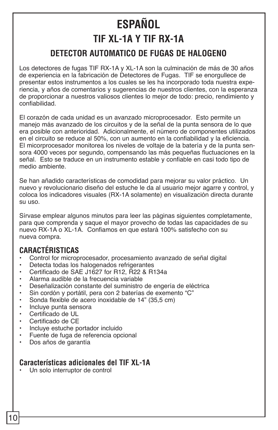 Español, Tif xl-1a y tif rx-1a, Detector automatico de fugas de halogeno | Caractéristicas, Características adicionales del tif xl-1a | TIF RX-1A Refrigerant Leak Detector User Manual | Page 12 / 32
