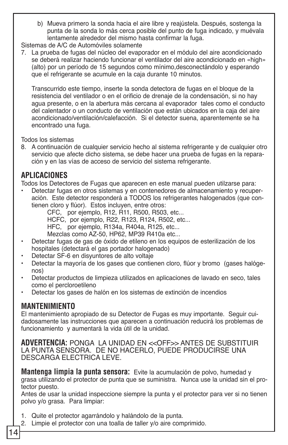 Aplicaciones, Mantenimiento, Advertencia | Mantenga limpia la punta sensora | TIF RX-1A Refrigerant Leak Detector User Manual | Page 16 / 32