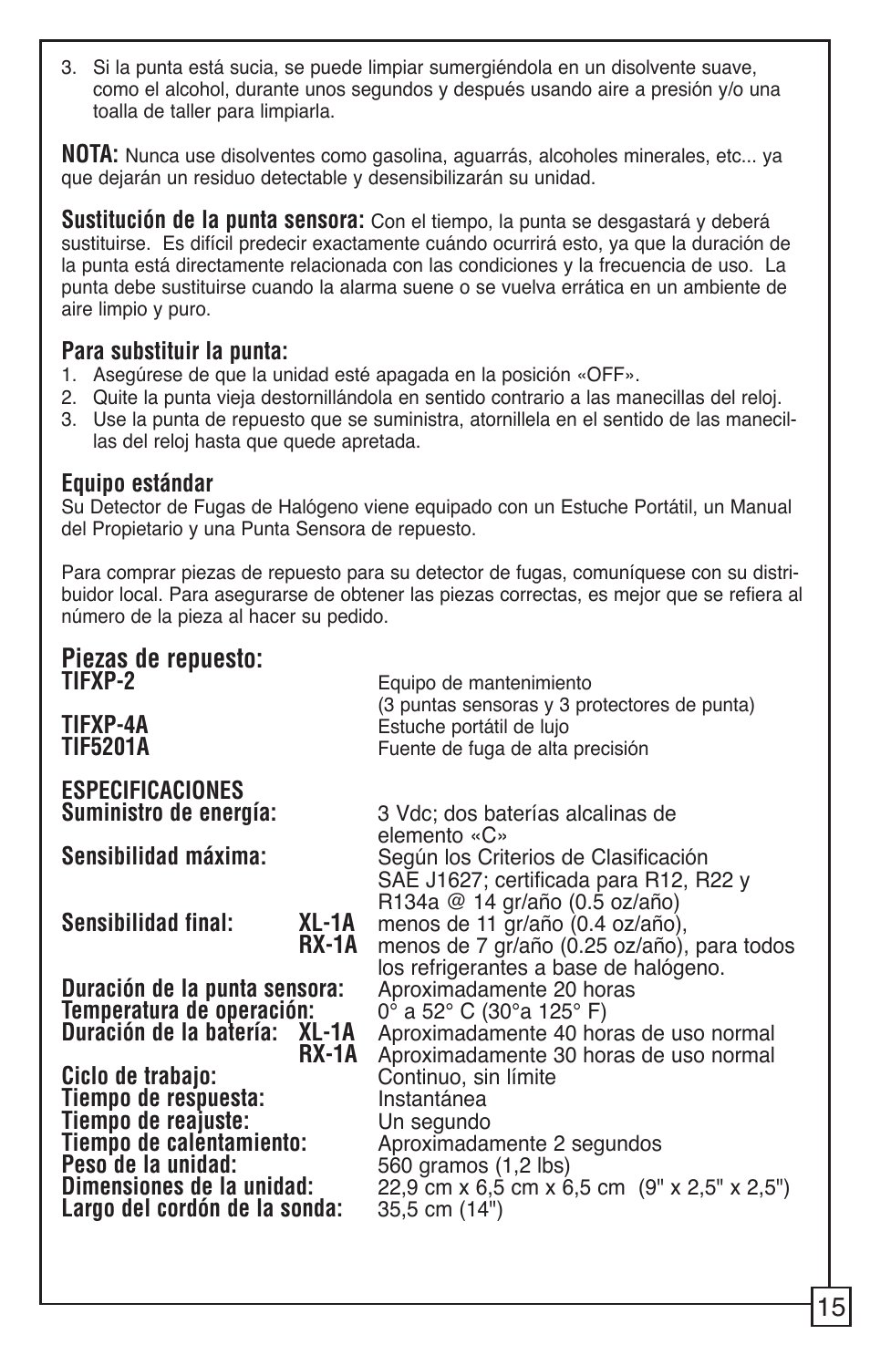Piezas de repuesto | TIF RX-1A Refrigerant Leak Detector User Manual | Page 17 / 32
