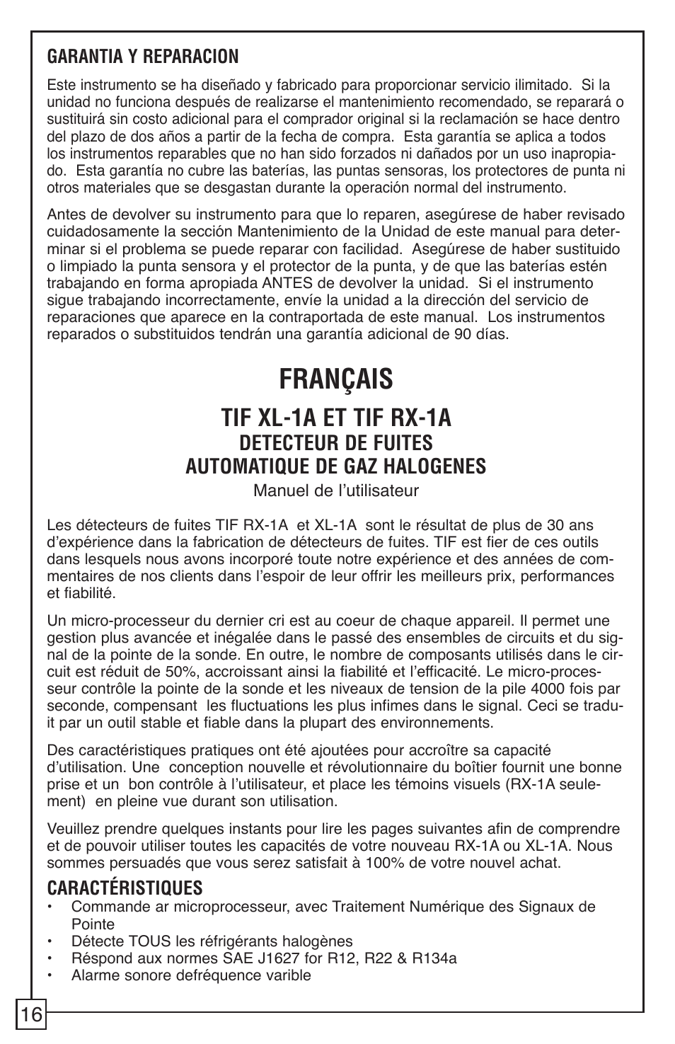 Français, Tif xl-1a et tif rx-1a, Detecteur de fuites automatique de gaz halogenes | Garantia y reparacion, Caractéristiques | TIF RX-1A Refrigerant Leak Detector User Manual | Page 18 / 32