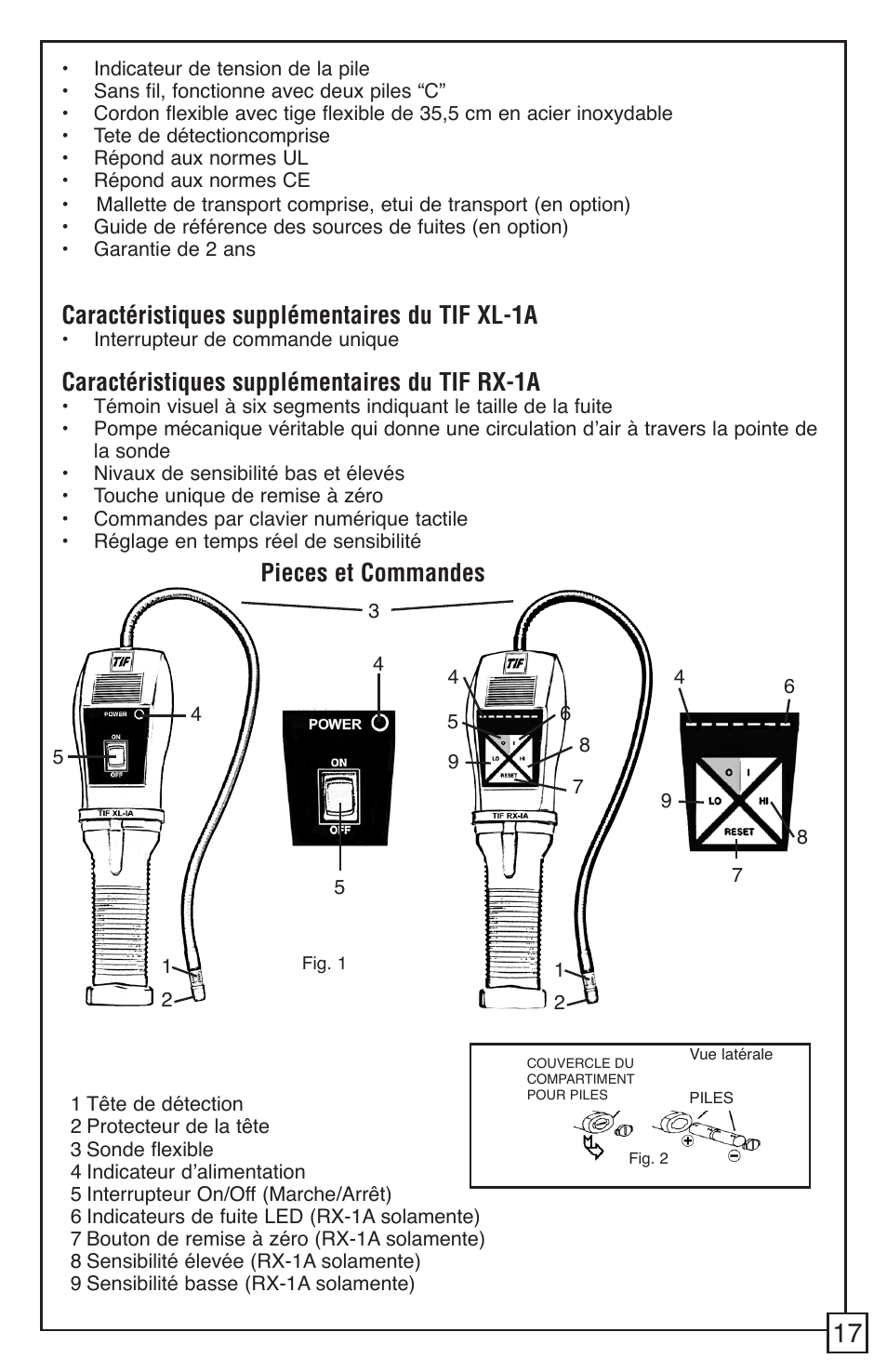 Pieces et commandes, Caractéristiques supplémentaires du tif xl-1a, Caractéristiques supplémentaires du tif rx-1a | TIF RX-1A Refrigerant Leak Detector User Manual | Page 19 / 32