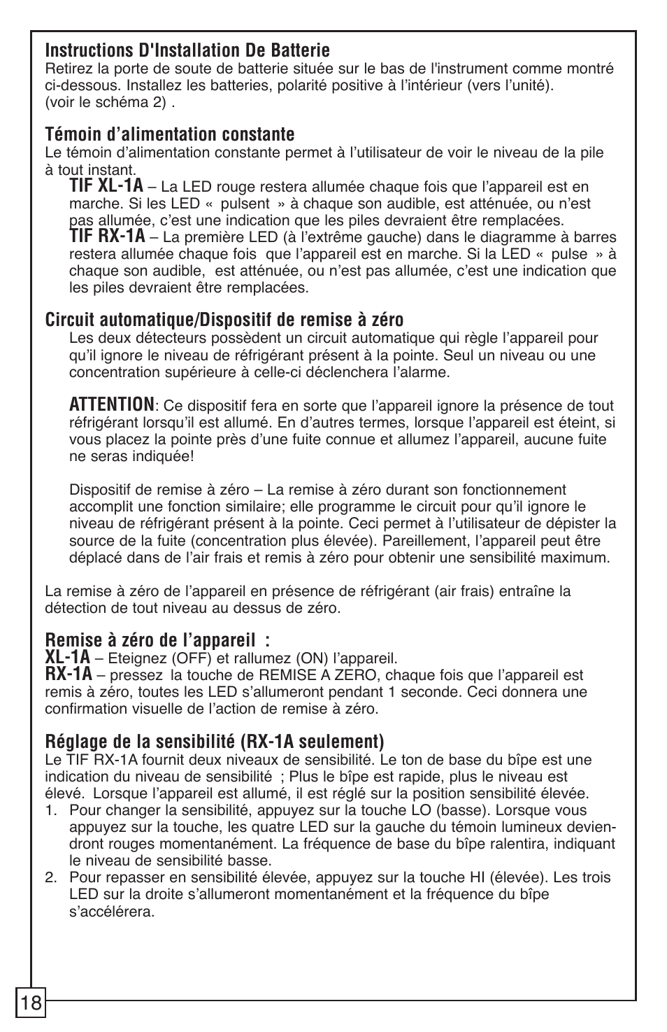 Instructions d'installation de batterie, Témoin d’alimentation constante, Tif xl-1a | Tif rx-1a, Circuit automatique/dispositif de remise à zéro, Attention, Remise à zéro de l’appareil : xl-1a, Rx-1a, Réglage de la sensibilité (rx-1a seulement) | TIF RX-1A Refrigerant Leak Detector User Manual | Page 20 / 32