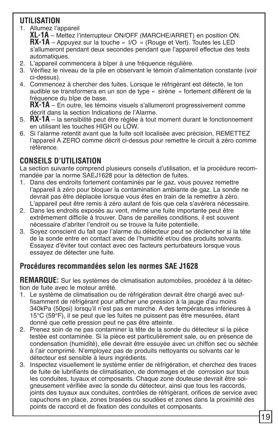 Utilisation, Xl-1a, Rx-1a | Conseils d’utilisation | TIF RX-1A Refrigerant Leak Detector User Manual | Page 21 / 32