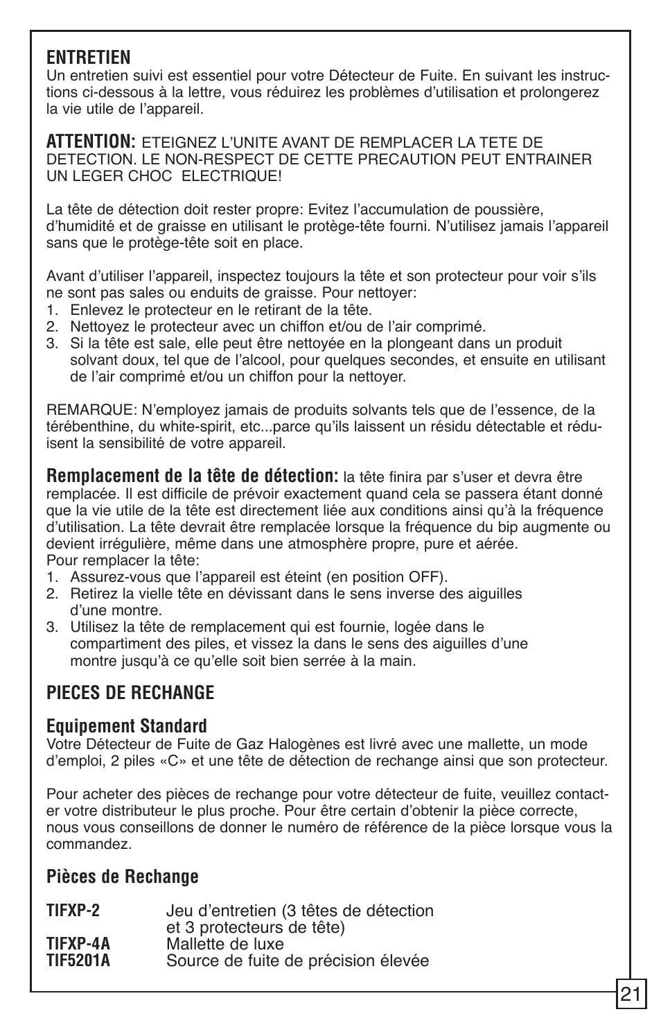 Entretien, Attention, Remplacement de la tête de détection | Pieces de rechange equipement standard, Pièces de rechange | TIF RX-1A Refrigerant Leak Detector User Manual | Page 23 / 32