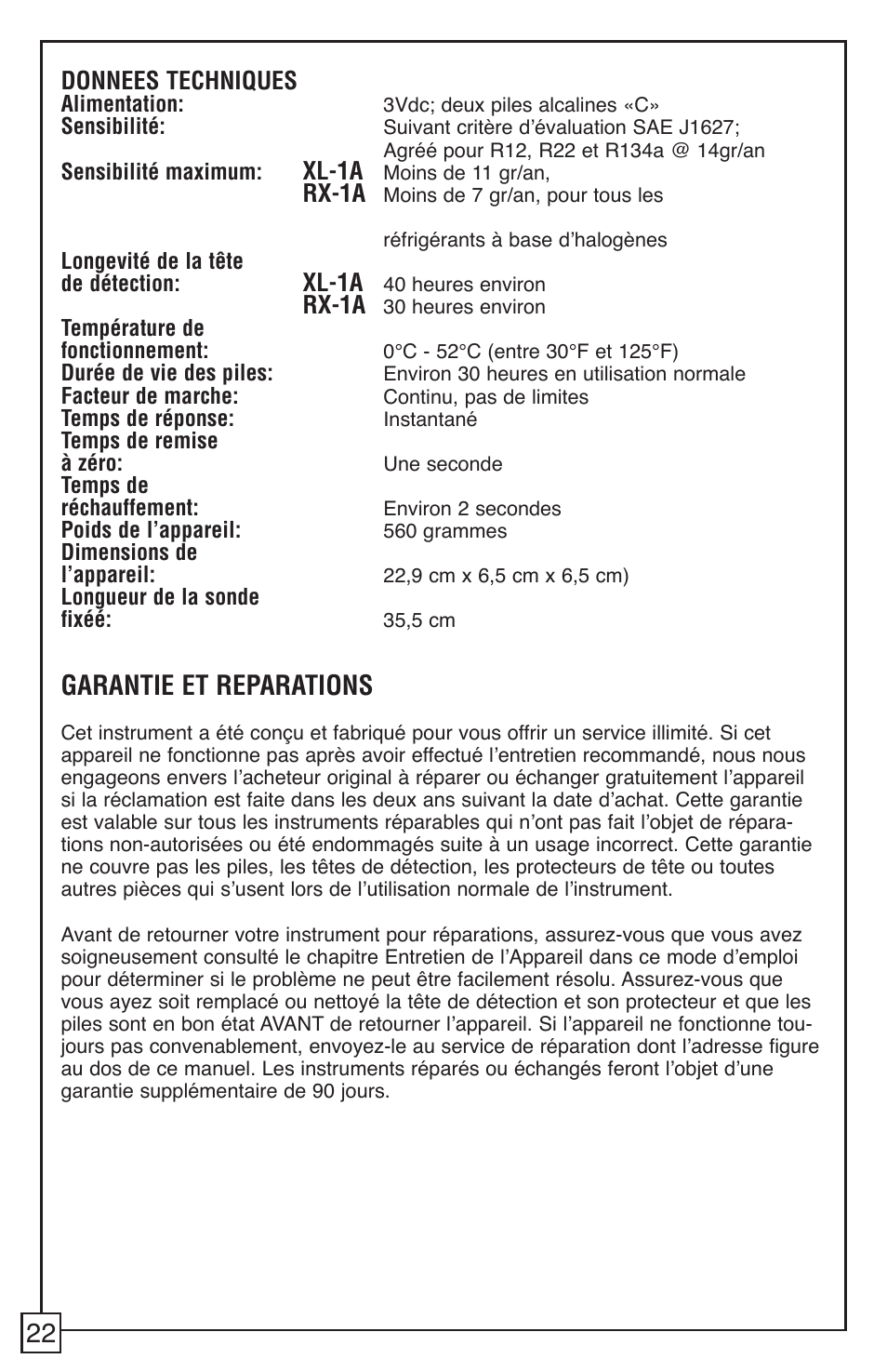 Garantie et reparations, Donnees techniques, Xl-1a | Rx-1a | TIF RX-1A Refrigerant Leak Detector User Manual | Page 24 / 32