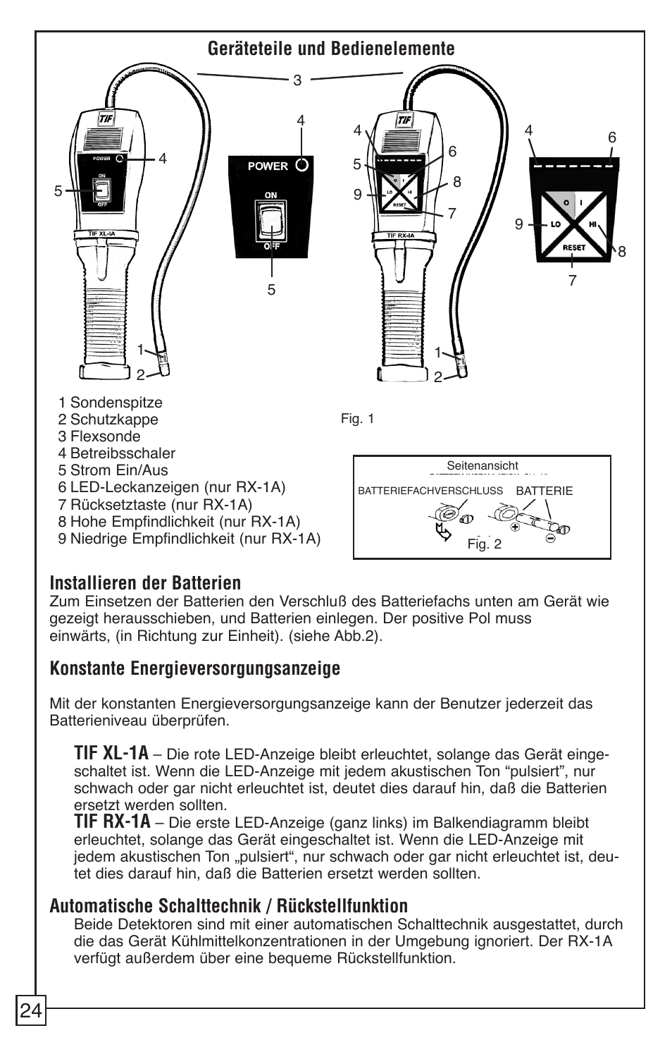 Geräteteile und bedienelemente, Installieren der batterien, Konstante energieversorgungsanzeige | Tif xl-1a, Tif rx-1a, Automatische schalttechnik / rückstellfunktion | TIF RX-1A Refrigerant Leak Detector User Manual | Page 26 / 32