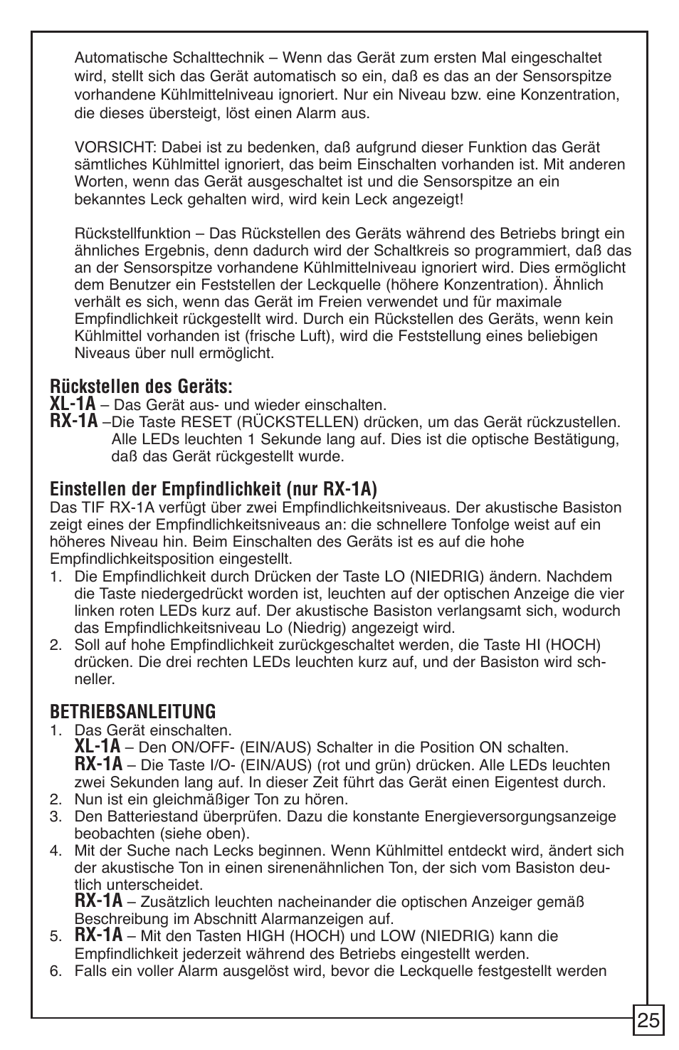 Rückstellen des geräts: xl-1a, Rx-1a, Einstellen der empfindlichkeit (nur rx-1a) | Betriebsanleitung, Xl-1a | TIF RX-1A Refrigerant Leak Detector User Manual | Page 27 / 32