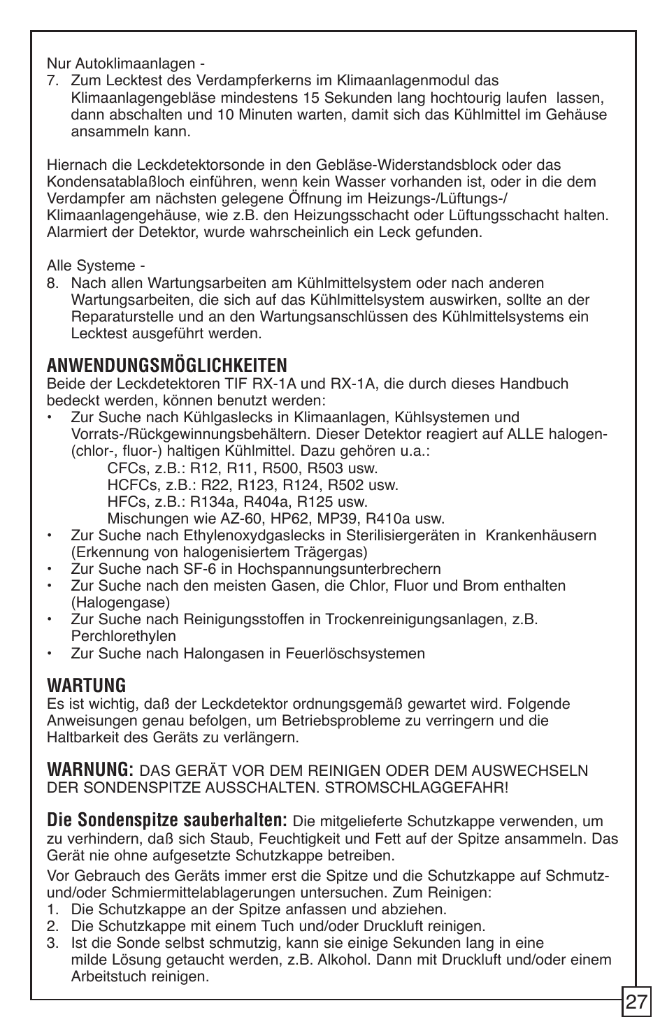 Anwendungsmöglichkeiten, Wartung, Warnung | Die sondenspitze sauberhalten | TIF RX-1A Refrigerant Leak Detector User Manual | Page 29 / 32