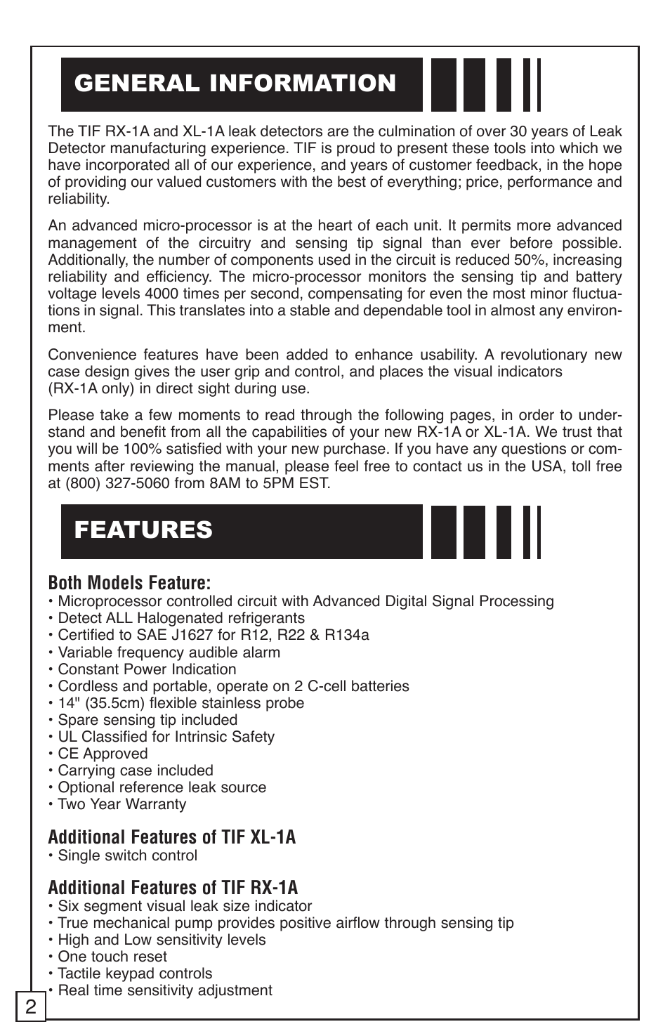 General information features, Both models feature, Additional features of tif xl-1a | Additional features of tif rx-1a | TIF RX-1A Refrigerant Leak Detector User Manual | Page 4 / 32