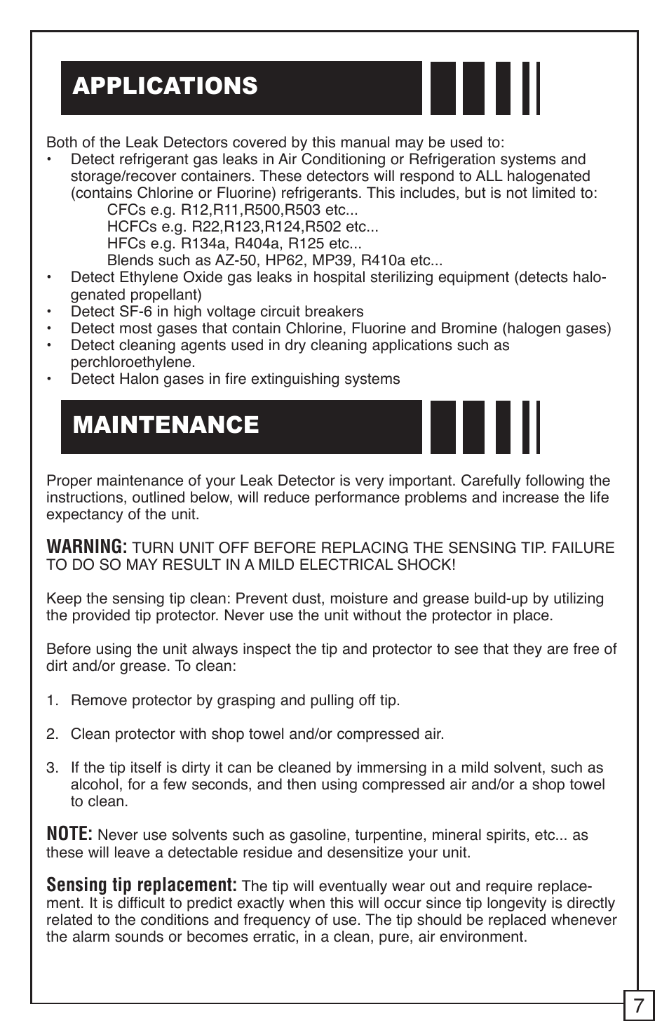 Applications maintenance, Warning, Sensing tip replacement | TIF RX-1A Refrigerant Leak Detector User Manual | Page 9 / 32