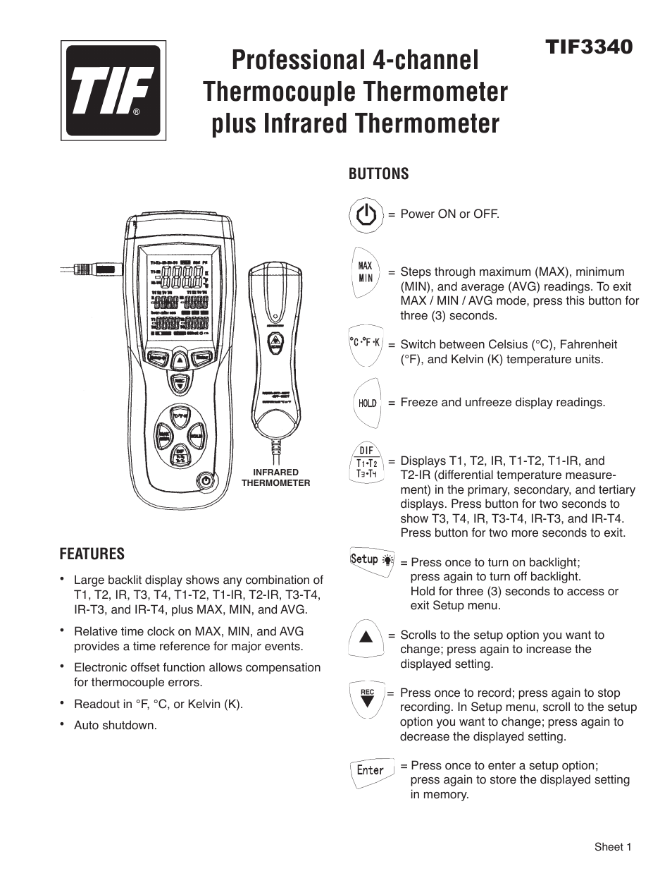 TIF 3340 Professional Differential Thermometer and InfraRed Thermometer User Manual | 6 pages