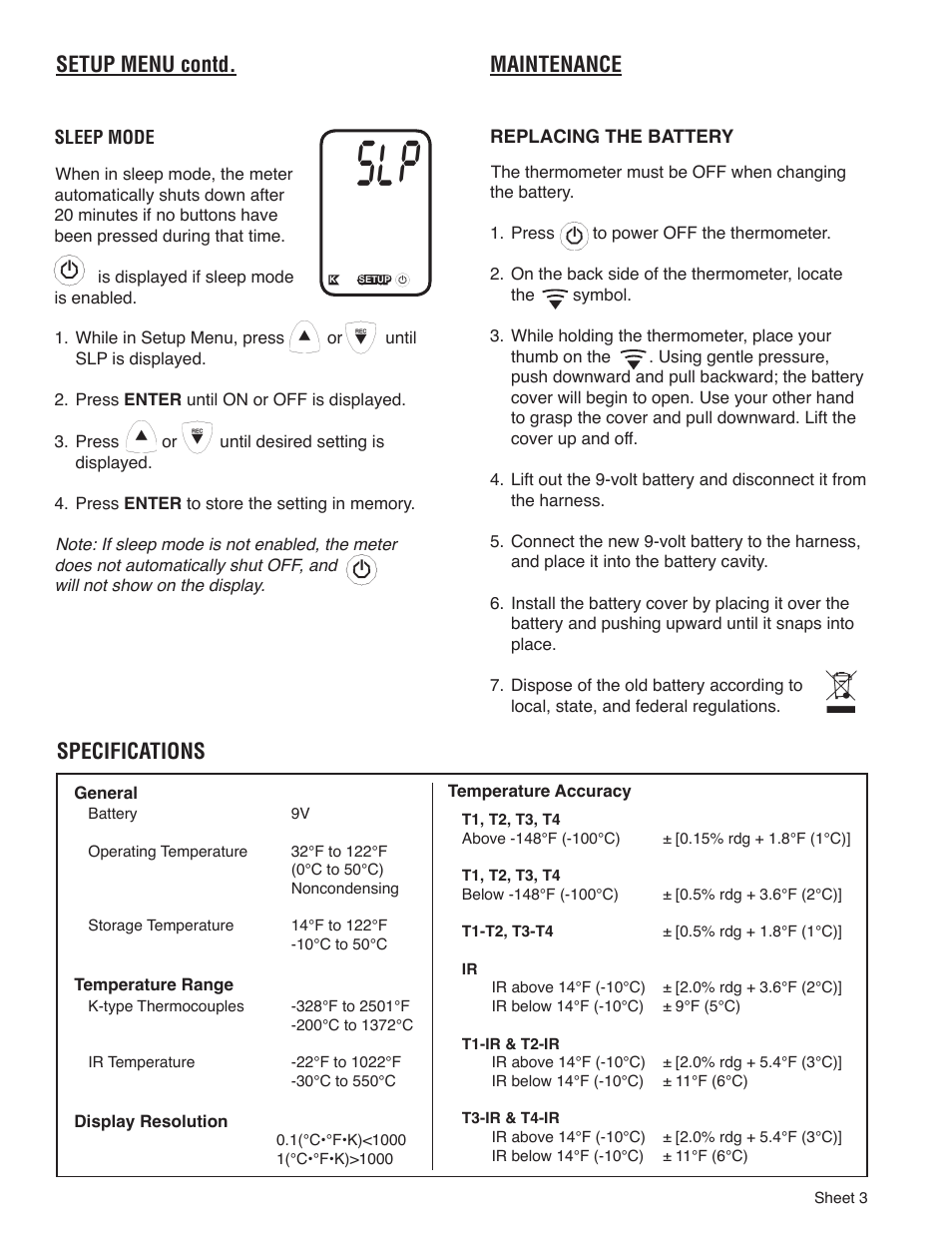 Setup menu contd, Specifications maintenance | TIF 3340 Professional Differential Thermometer and InfraRed Thermometer User Manual | Page 5 / 6