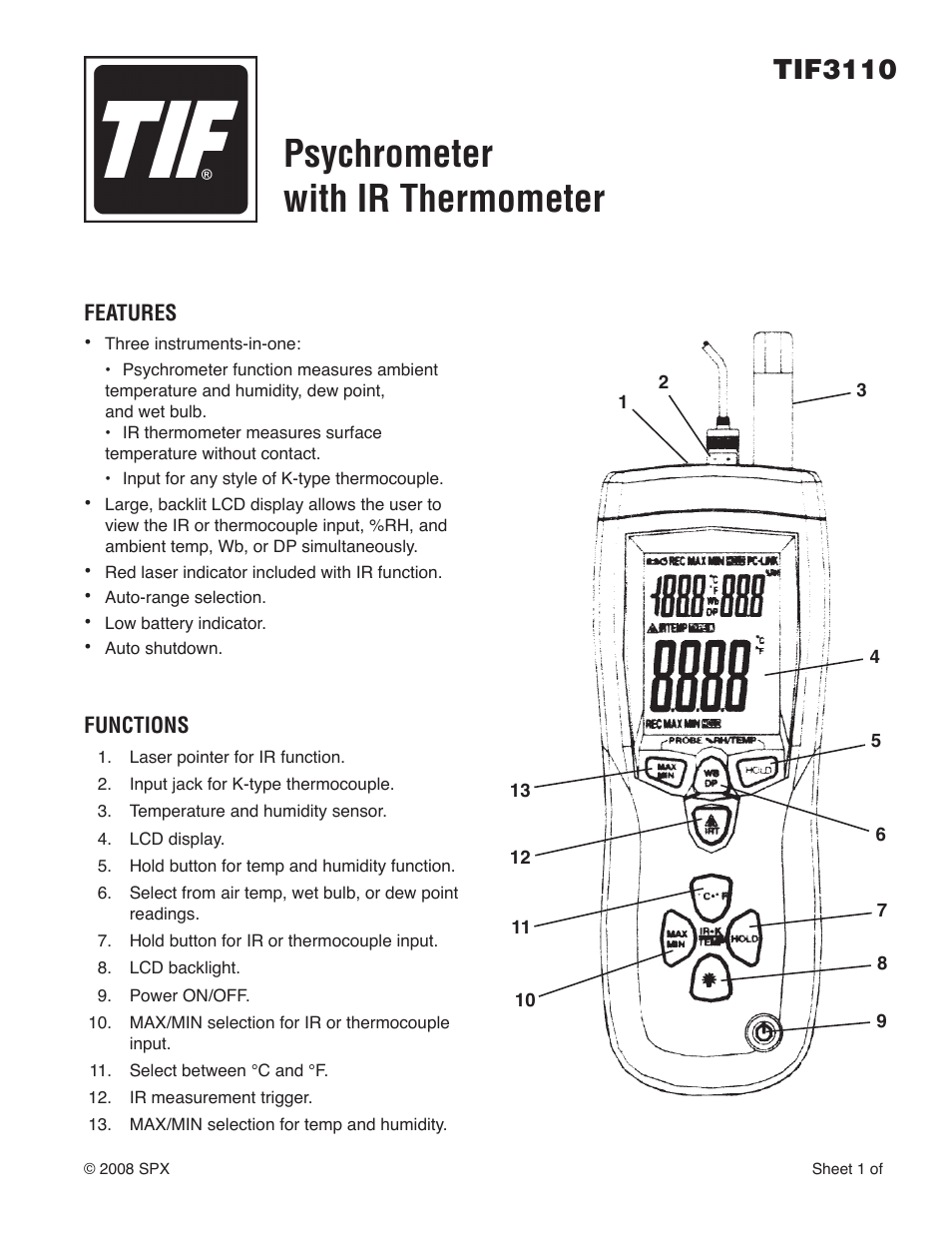 TIF 3110 Themometer_Psychrometer User Manual | 4 pages