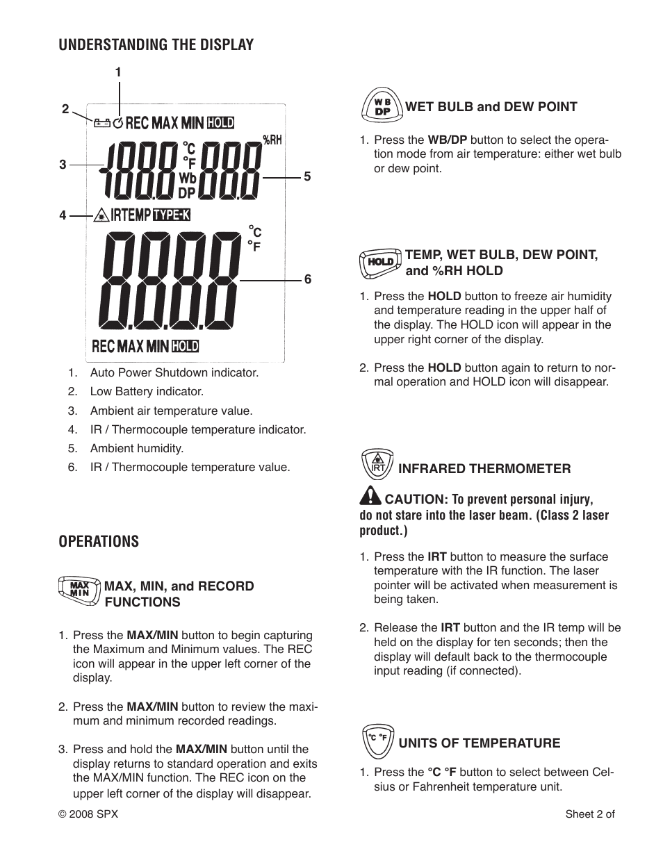 Understanding the display, Operations | TIF 3110 Themometer_Psychrometer User Manual | Page 3 / 4