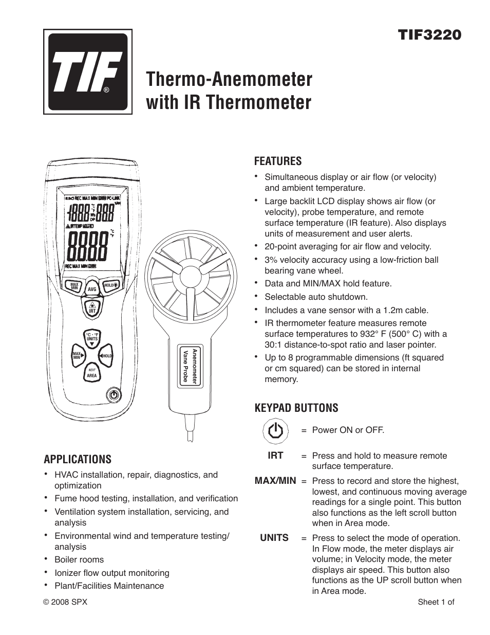 TIF 3220 Thermo-Anemometer and IR Thermometer User Manual | 4 pages