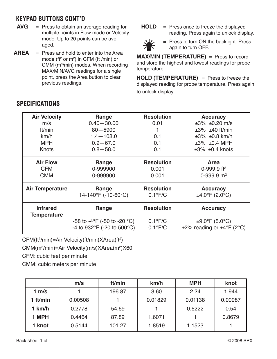 Specifications, Keypad buttons cont’d | TIF 3220 Thermo-Anemometer and IR Thermometer User Manual | Page 2 / 4