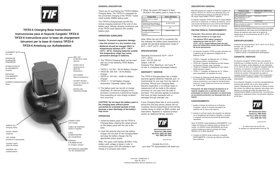 TIF TIFZX-6 CHARGING BASE, ZX-1 12V DC User Manual | 2 pages