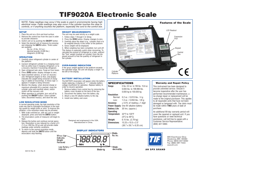 TIF 9020A Electronic Charging Scale User Manual | 1 page