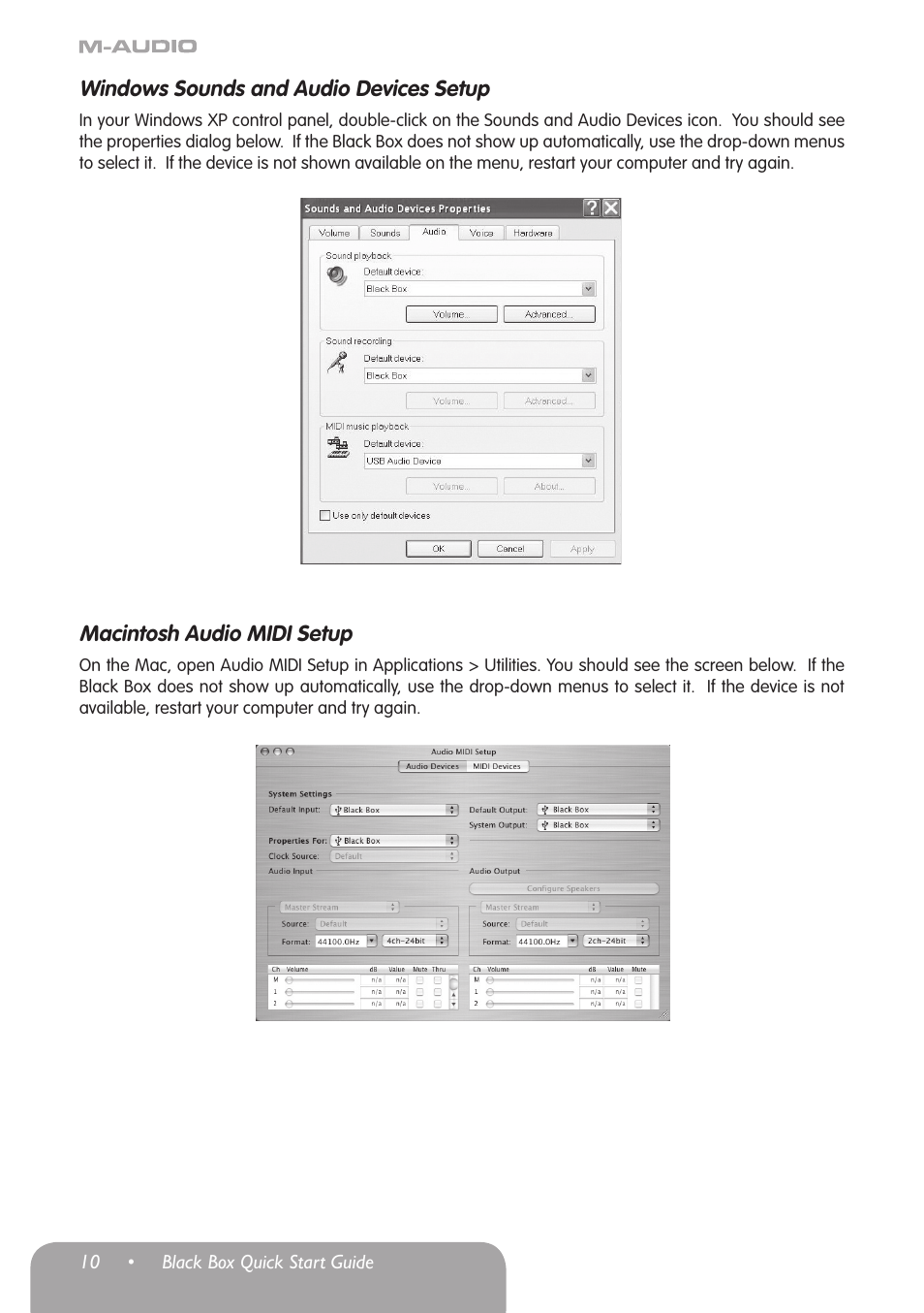 Windows sounds and audio devices setup, Macintosh audio midi setup | M-AUDIO Black Box User Manual | Page 11 / 14