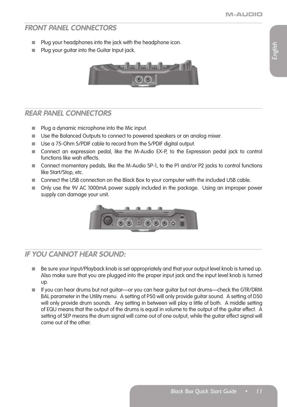 Front panel connectors, Rear panel connectors, If you cannot hear sound | M-AUDIO Black Box User Manual | Page 12 / 14