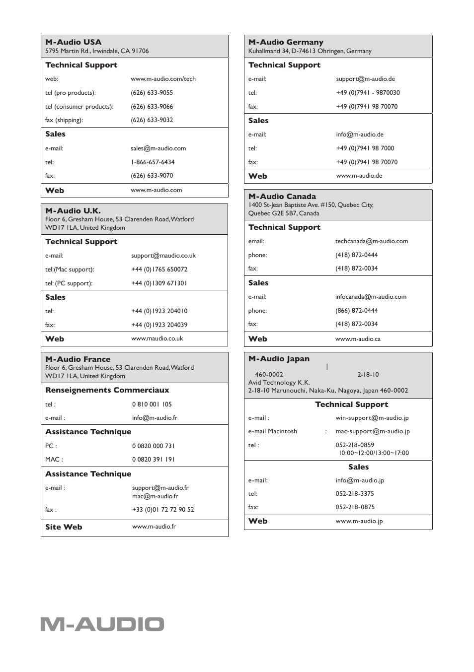 Contact | M-AUDIO Black Box User Manual | Page 14 / 14