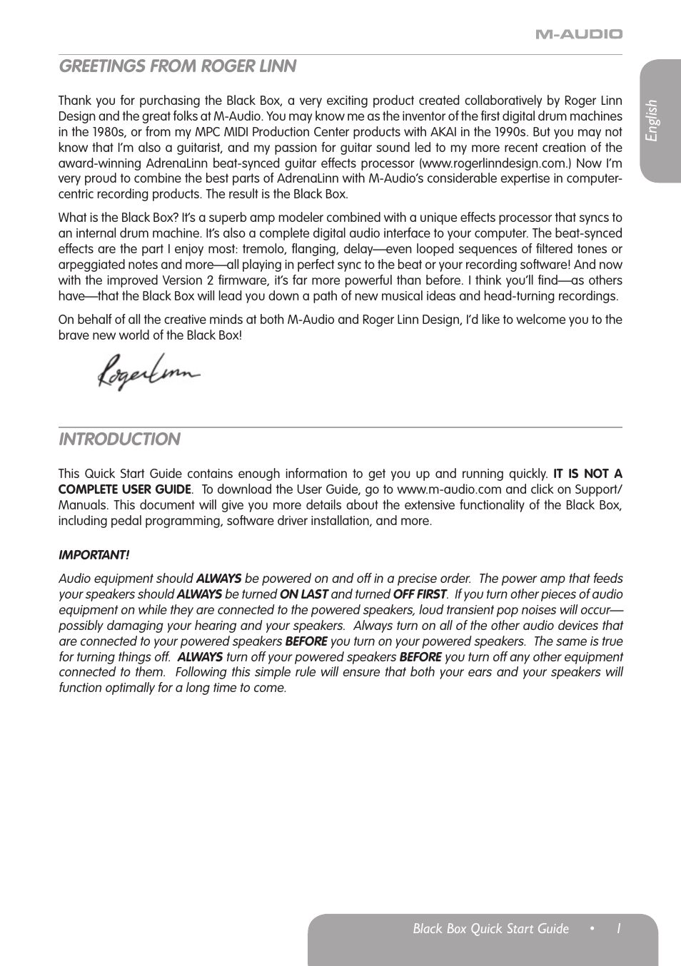 Greetings from roger linn, Introduction | M-AUDIO Black Box User Manual | Page 2 / 14