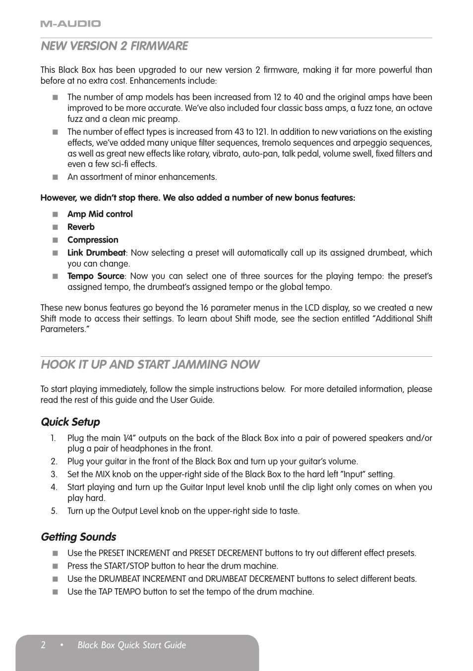 New version 2 firmware, Hook it up and start jamming now, Quick setup | Getting sounds | M-AUDIO Black Box User Manual | Page 3 / 14