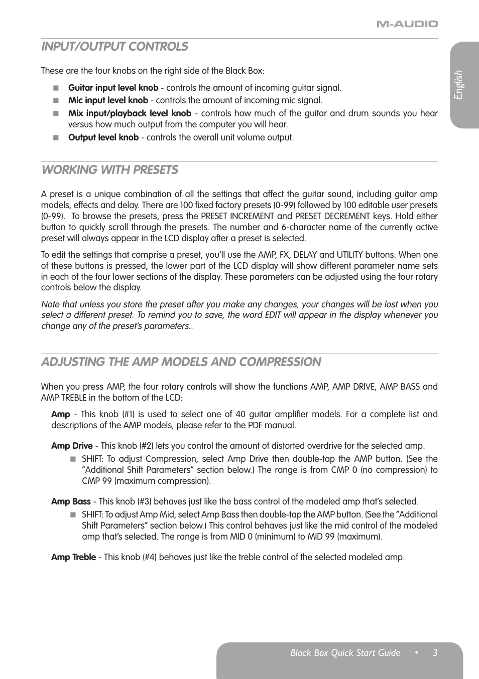 Input/output controls, Working with presets, Adjusting the amp models and compression | M-AUDIO Black Box User Manual | Page 4 / 14