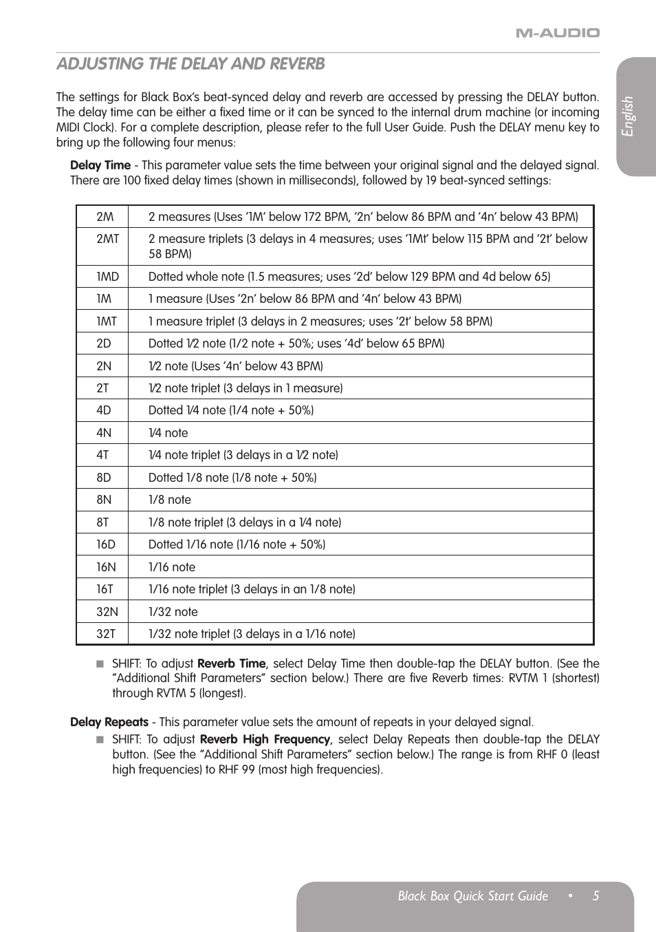 Adjusting the delay and reverb, English | M-AUDIO Black Box User Manual | Page 6 / 14