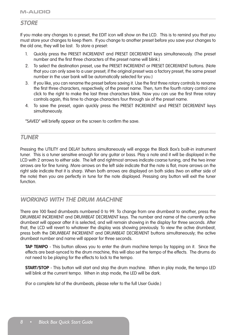Store, Tuner, Working with the drum machine | M-AUDIO Black Box User Manual | Page 9 / 14