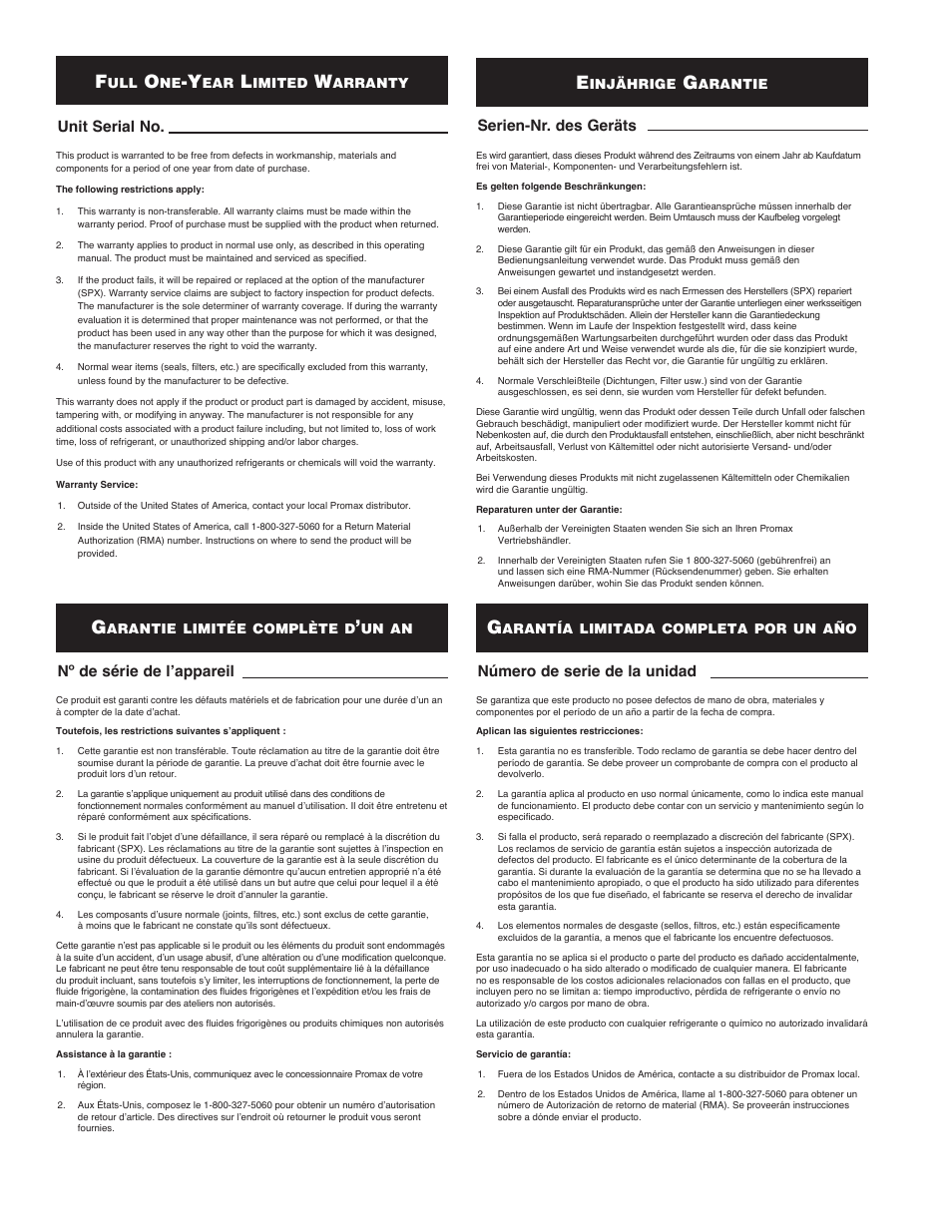 Unit serial no. nº de série de l’appareil, Serien-nr. des geräts número de serie de la unidad | TIF RG6000 Refrigerant Recovery User Manual | Page 14 / 15