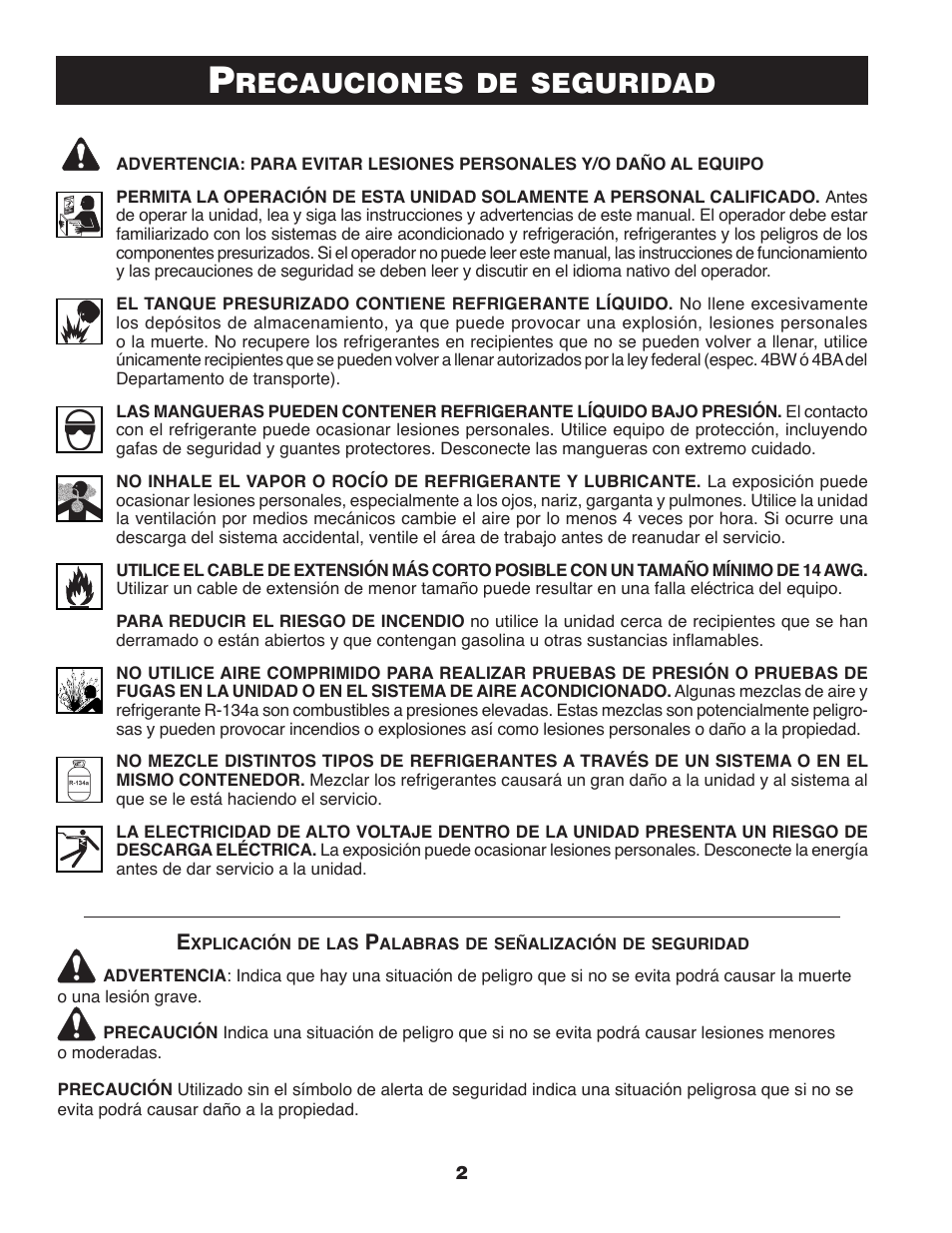 Recauciones, Seguridad | TIF RG6000 Refrigerant Recovery User Manual | Page 2 / 15