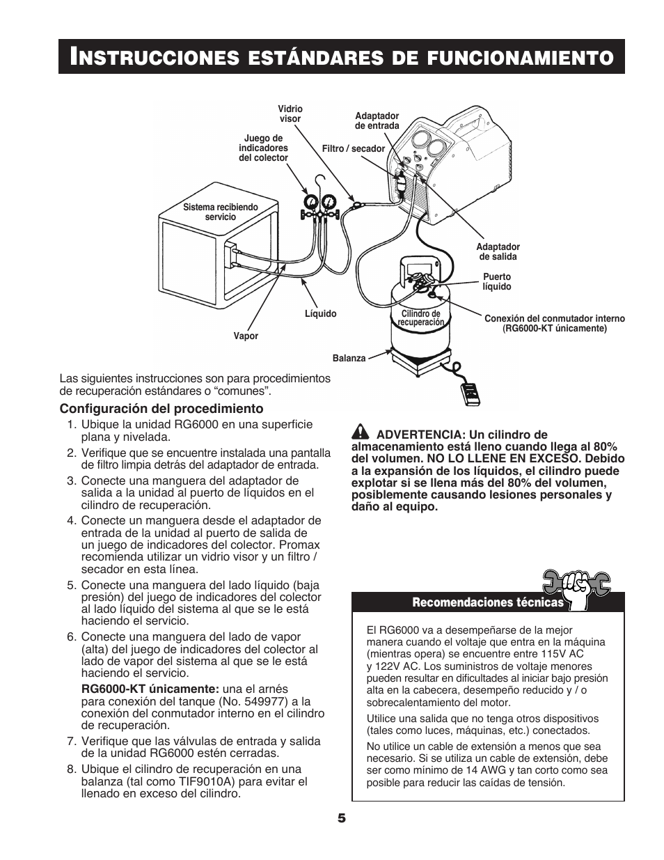 Nstrucciones, Estándares, Funcionamiento | TIF RG6000 Refrigerant Recovery User Manual | Page 5 / 15