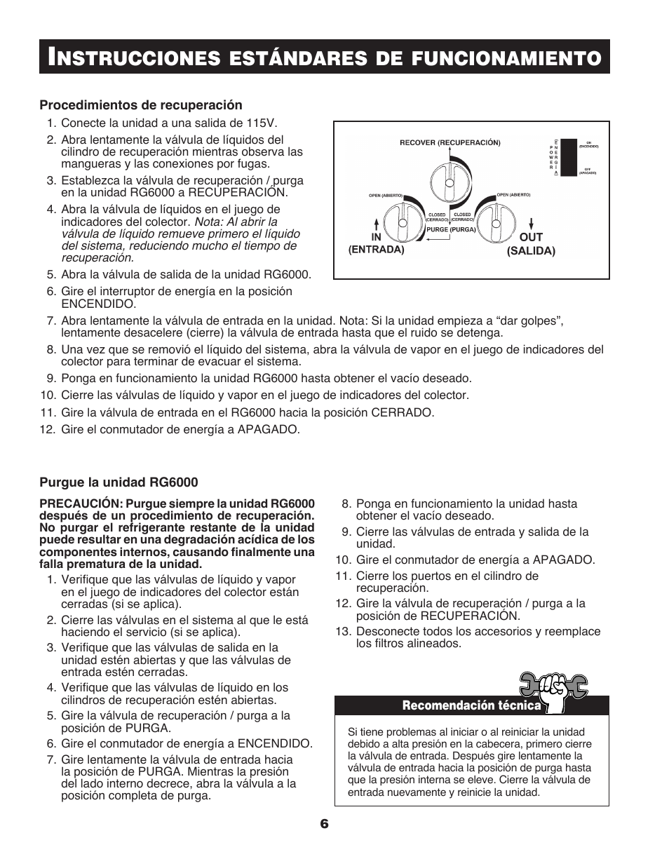 Nstrucciones, Estándares, Funcionamiento | TIF RG6000 Refrigerant Recovery User Manual | Page 6 / 15