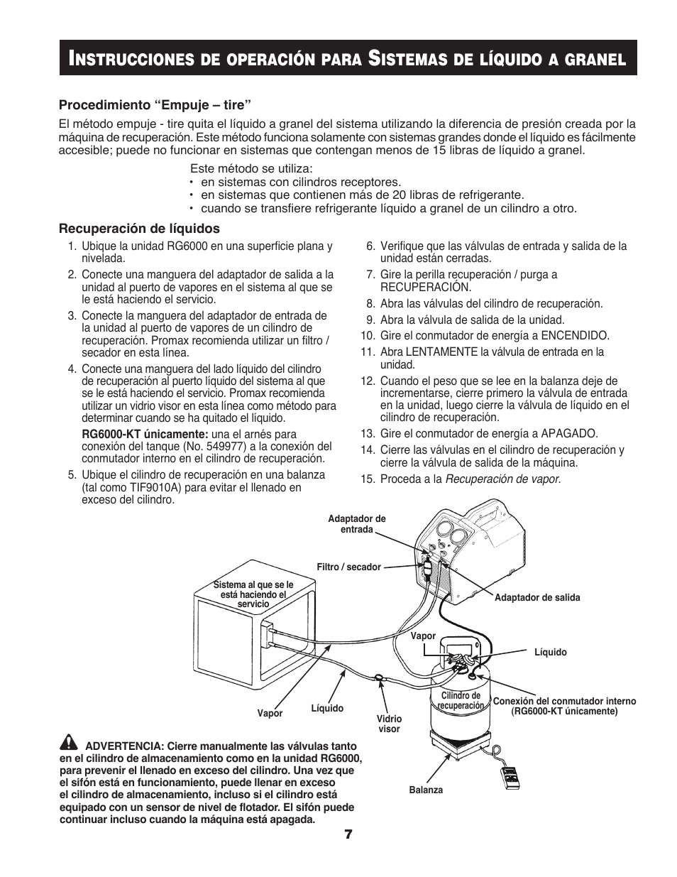 Nstrucciones, Operación, Para | Istemas, Líquido, Granel | TIF RG6000 Refrigerant Recovery User Manual | Page 7 / 15