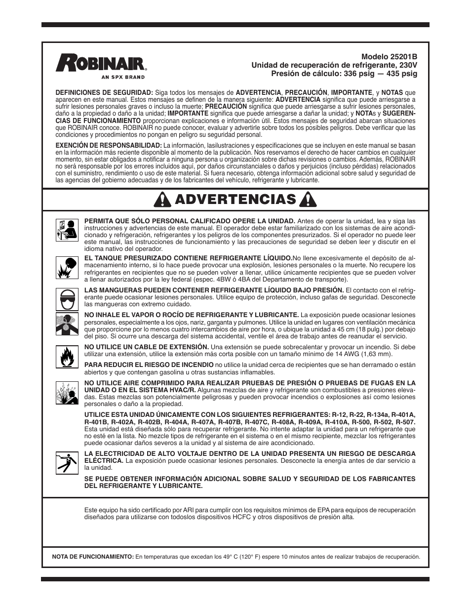 Advertencias | TIF 25201B Refrigerant Recovery Machine, 220V-240V 50_60 Hz User Manual | Page 2 / 16