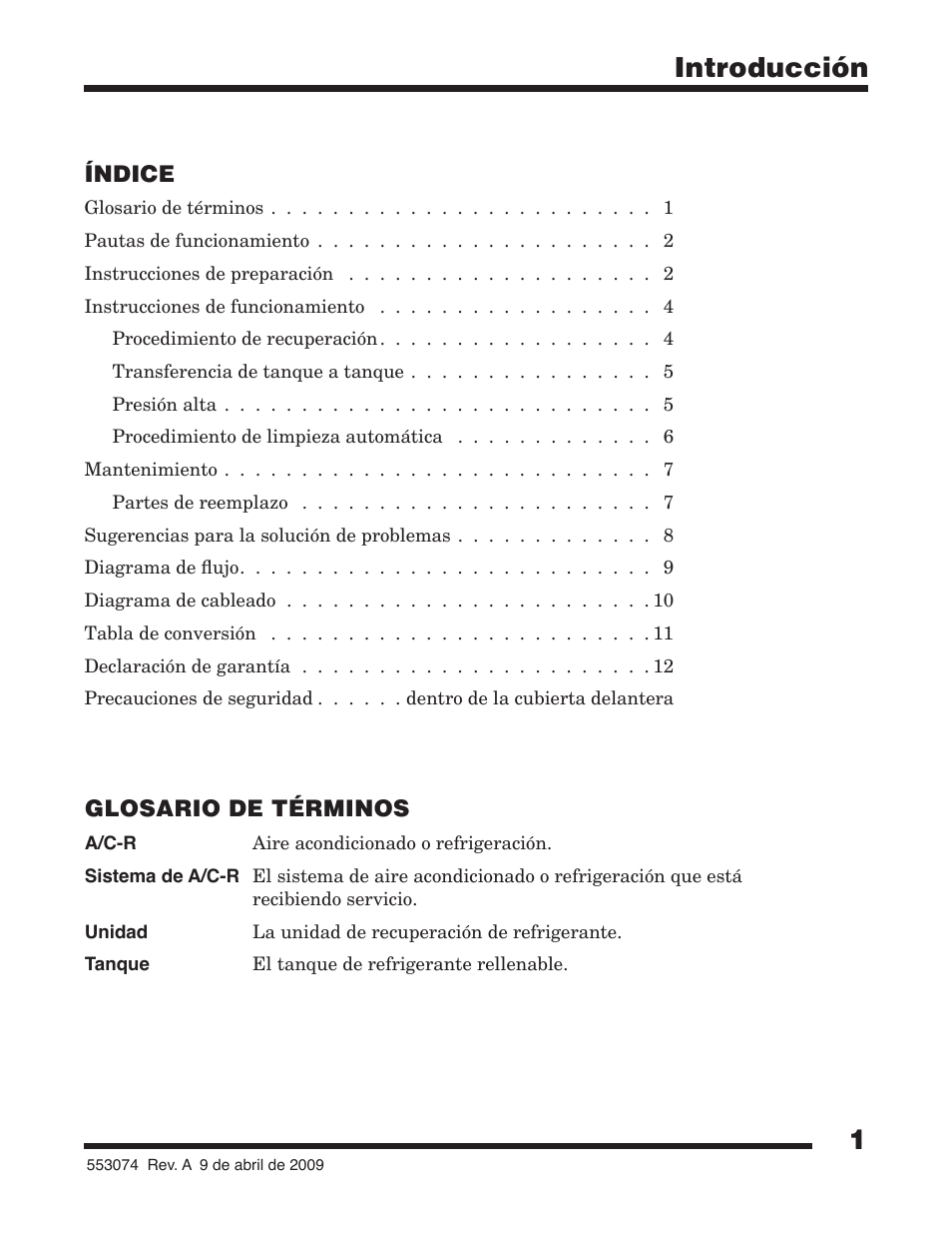 1introducción, Índice, Glosario de términos | TIF 25201B Refrigerant Recovery Machine, 220V-240V 50_60 Hz User Manual | Page 3 / 16