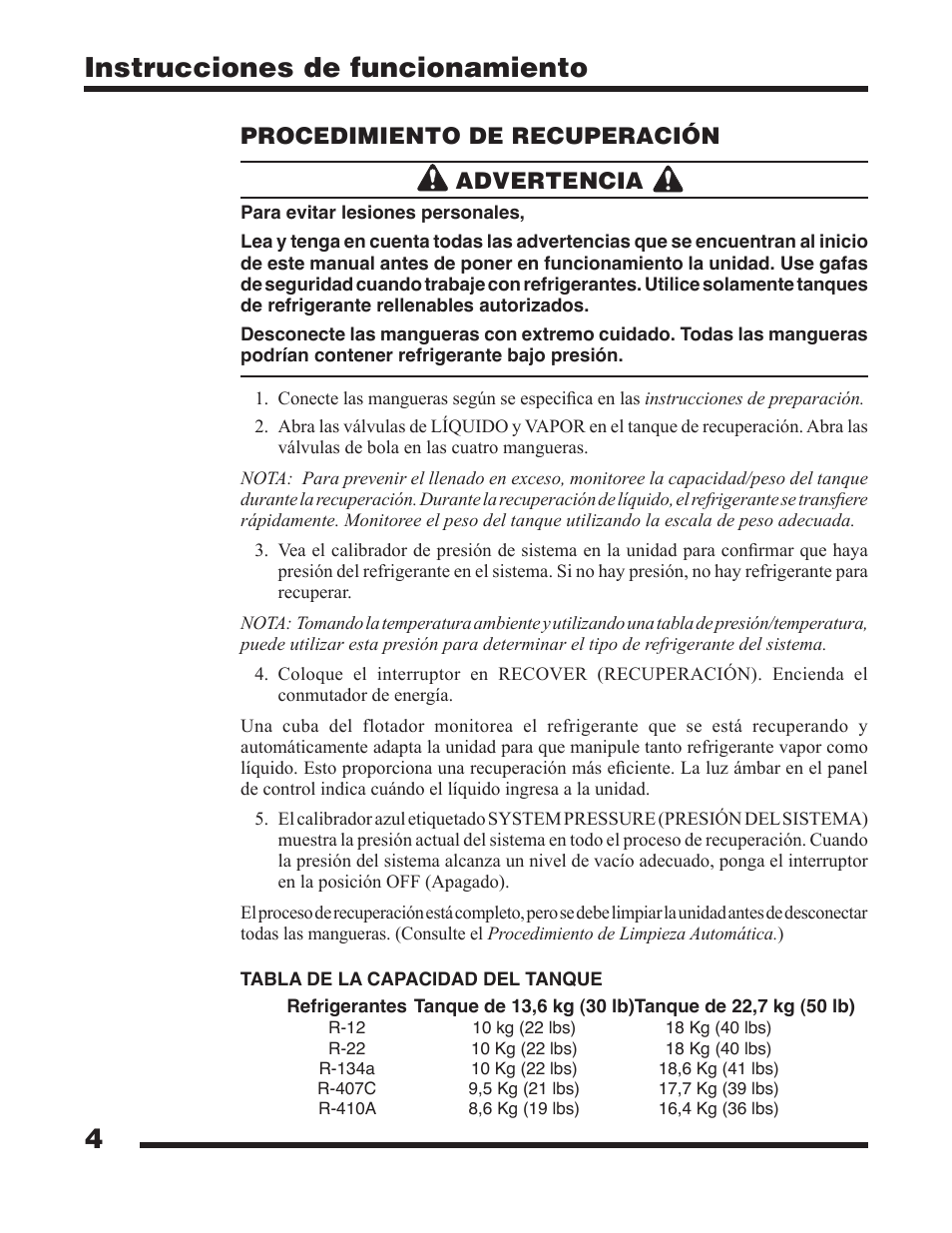 4instrucciones de funcionamiento, Procedimiento de recuperación advertencia | TIF 25201B Refrigerant Recovery Machine, 220V-240V 50_60 Hz User Manual | Page 6 / 16