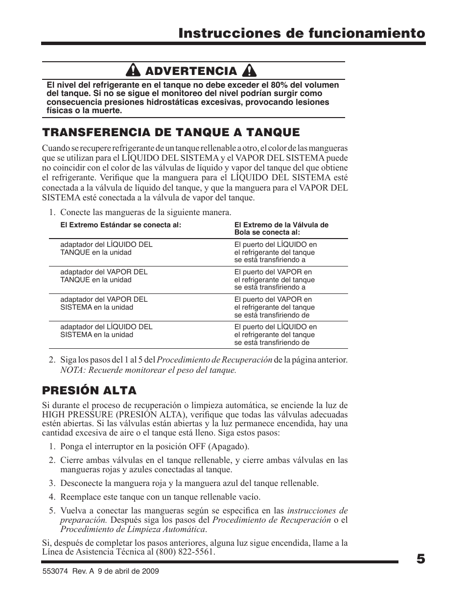 5instrucciones de funcionamiento, Transferencia de tanque a tanque, Presión alta | Advertencia | TIF 25201B Refrigerant Recovery Machine, 220V-240V 50_60 Hz User Manual | Page 7 / 16