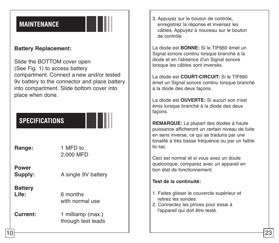 Maintenance specifications | TIF 660 Capacitor Tester User Manual | Page 12 / 18